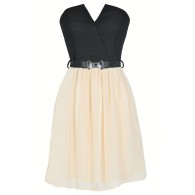 Tulip Garden Strapless Belted Dress in Black/Ivory